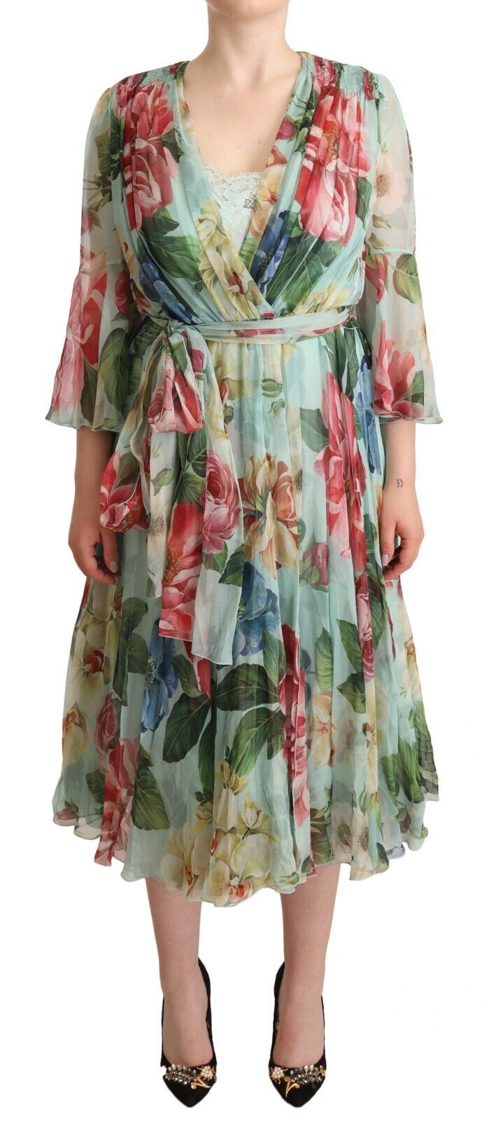 Robe mi-longue à manches longues et col en V à fleurs vertes Dolce & Gabbana