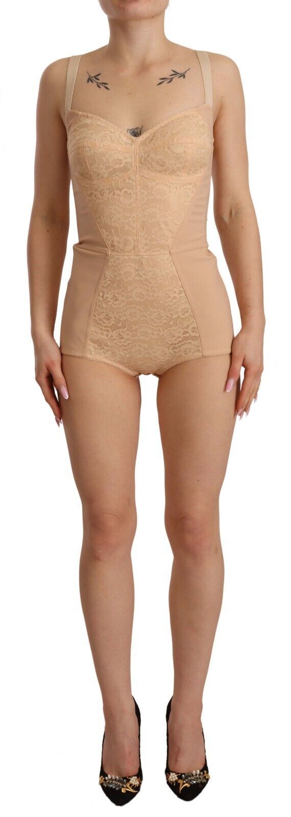 Body Dolce & Gabbana en nylon beige et dentelle florale