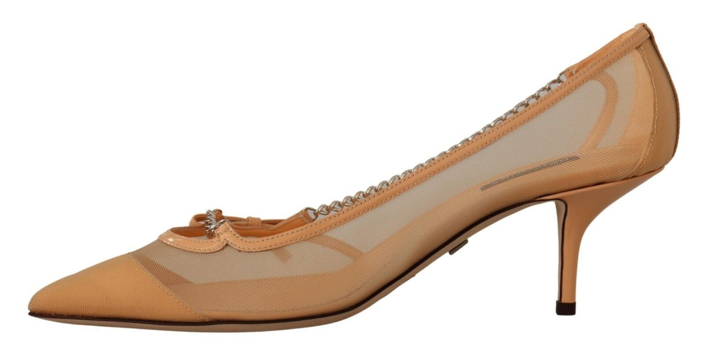 Escarpins à talons et chaînes en cuir et maille pêche Dolce & Gabbana
