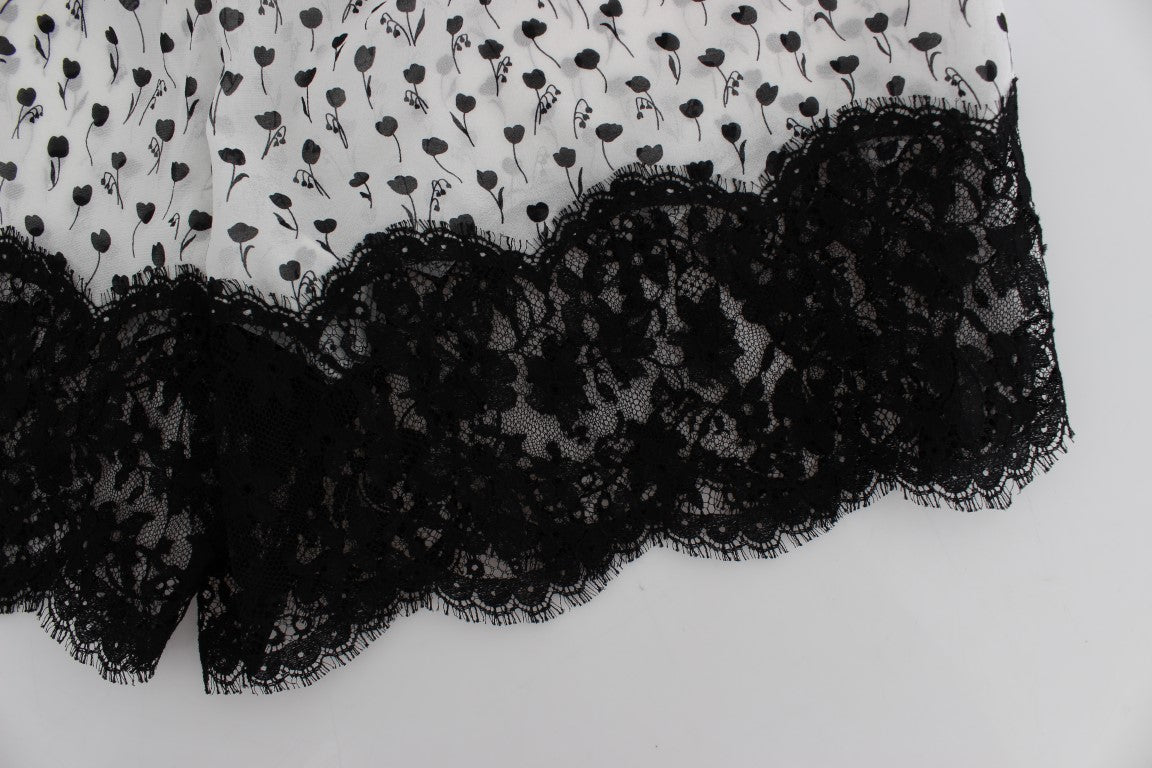 Short de nuit en soie et dentelle florale Dolce & Gabbana blanc et noir