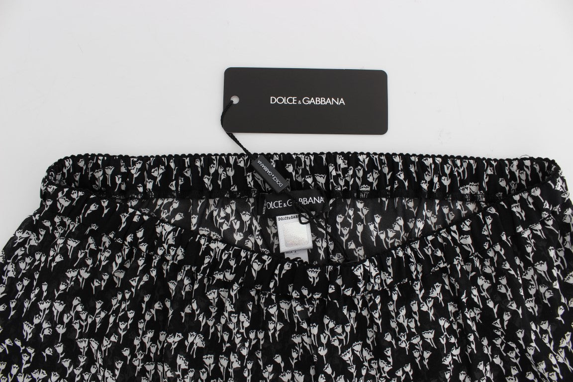 Short de nuit en soie et dentelle florale noire et blanche Dolce & Gabbana