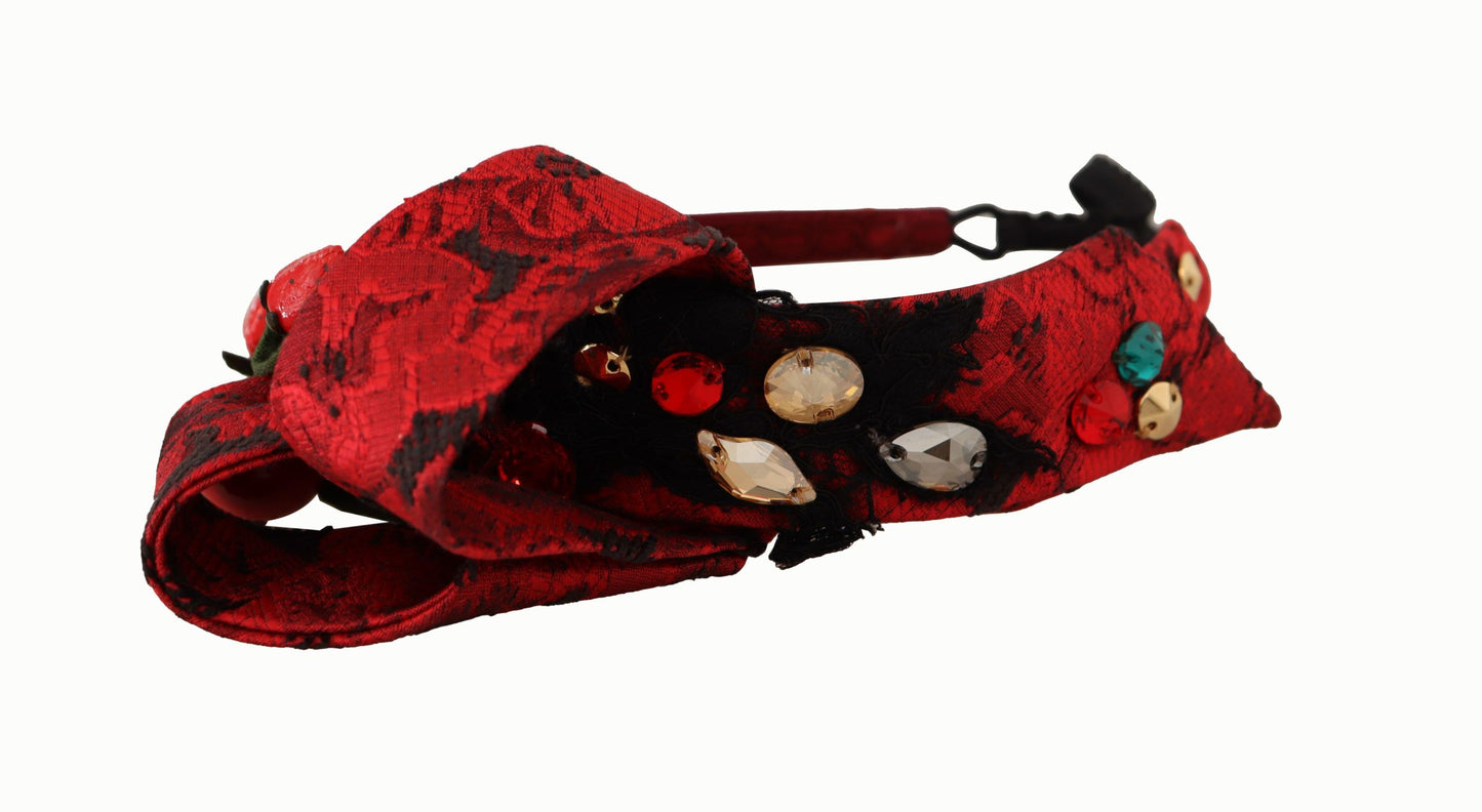 Serre-tête diadème Dolce & Gabbana en soie cerise avec nœud en cristal et logo