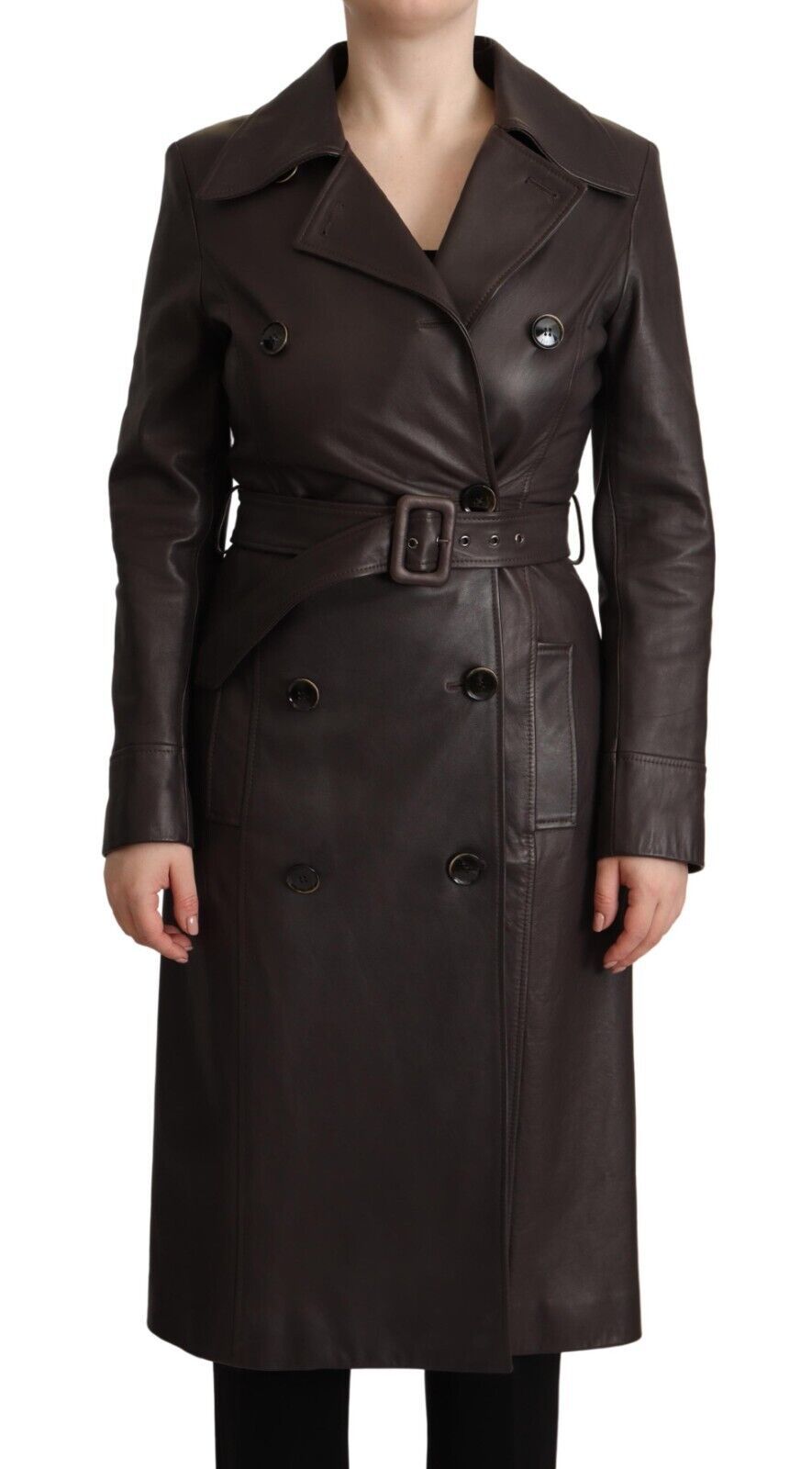 Veste ceinturée à manches longues en cuir marron foncé Dolce & Gabbana