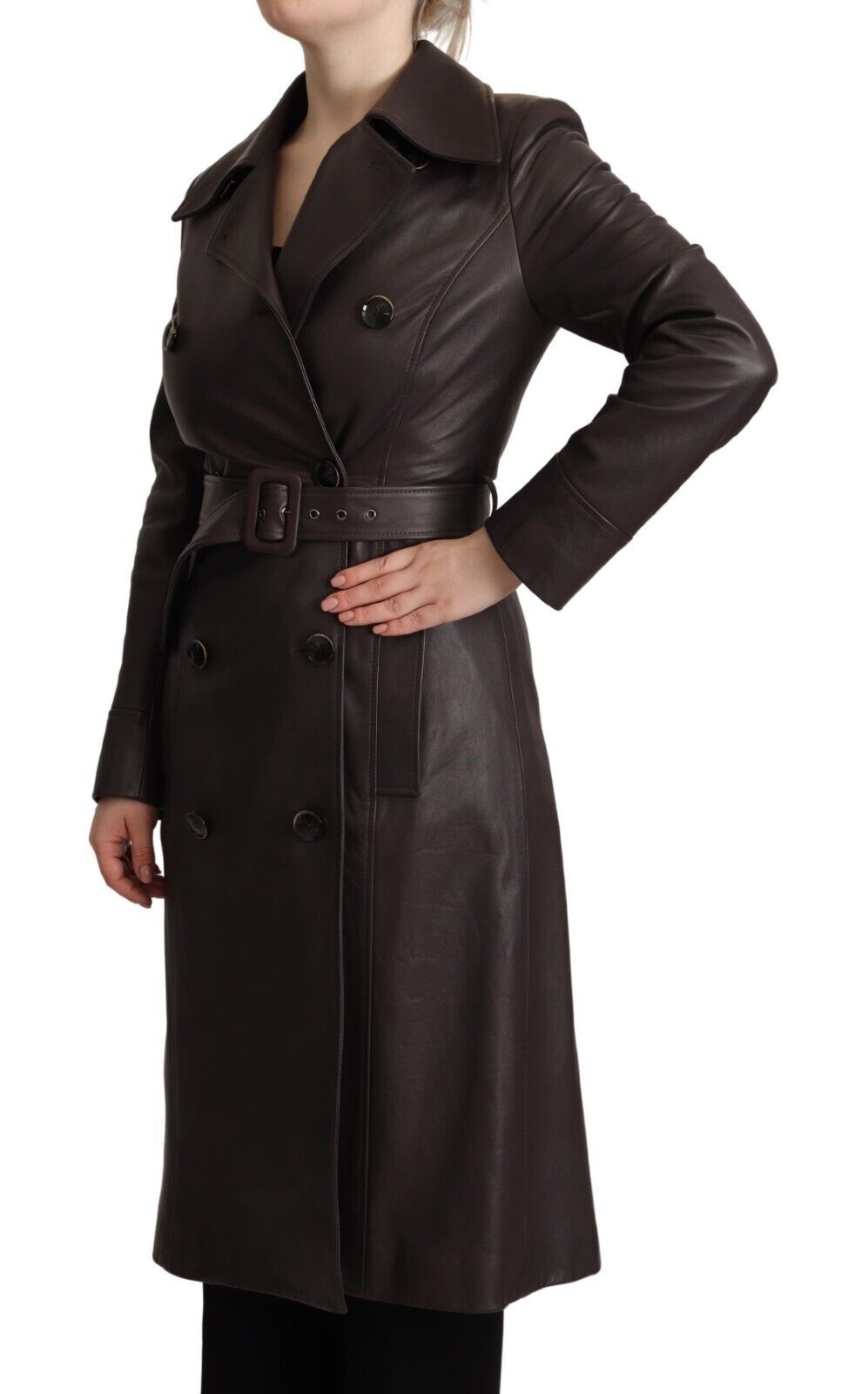 Veste ceinturée à manches longues en cuir marron foncé Dolce & Gabbana