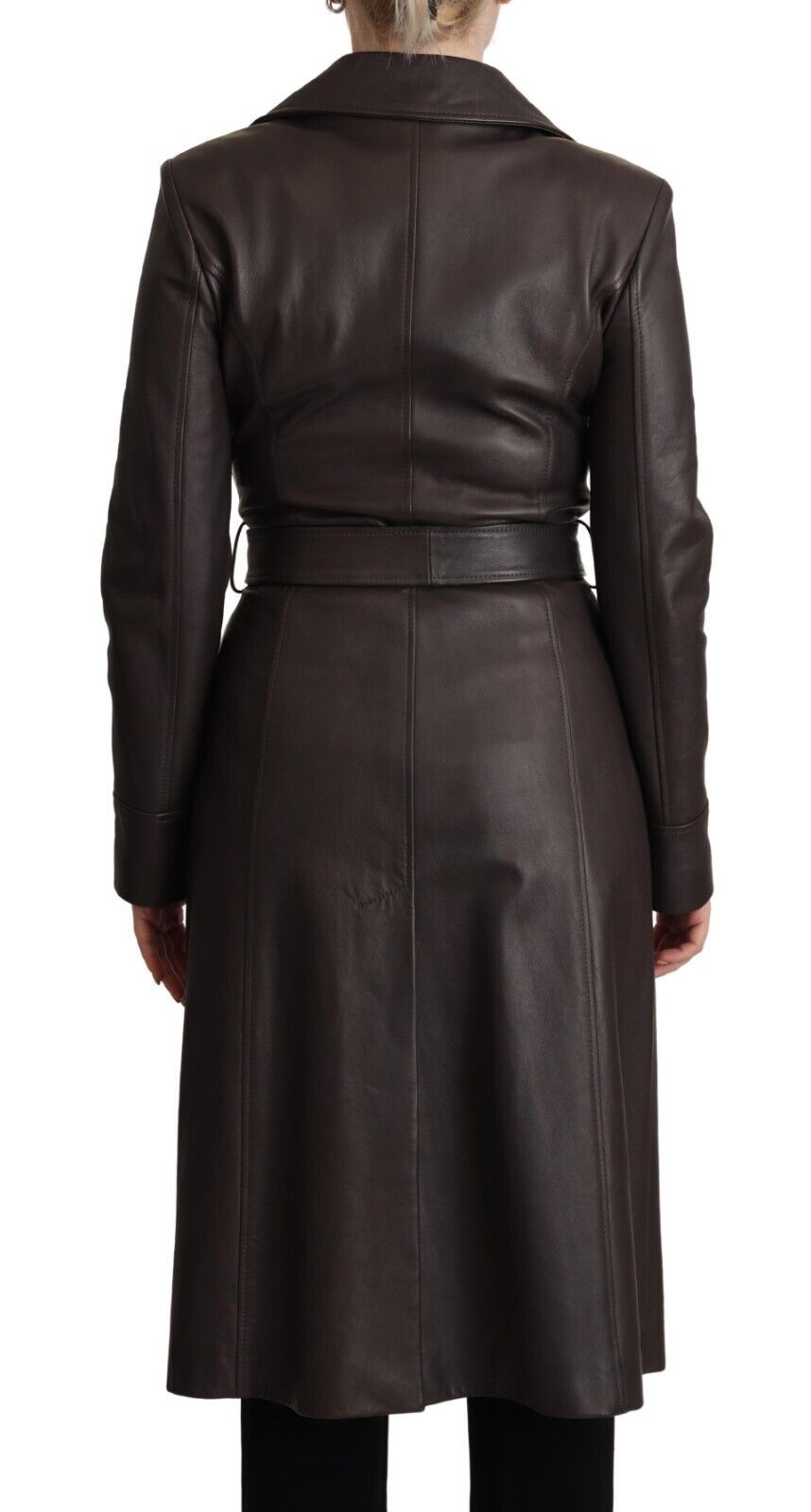Veste ceinturée à manches longues en cuir marron foncé Dolce & Gabbana