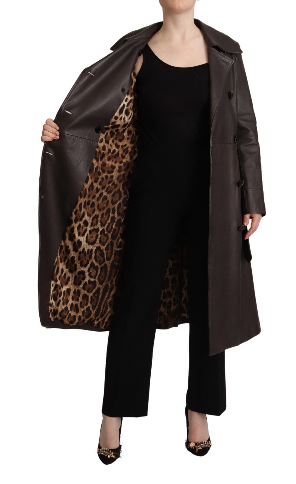 Veste ceinturée à manches longues en cuir marron foncé Dolce & Gabbana