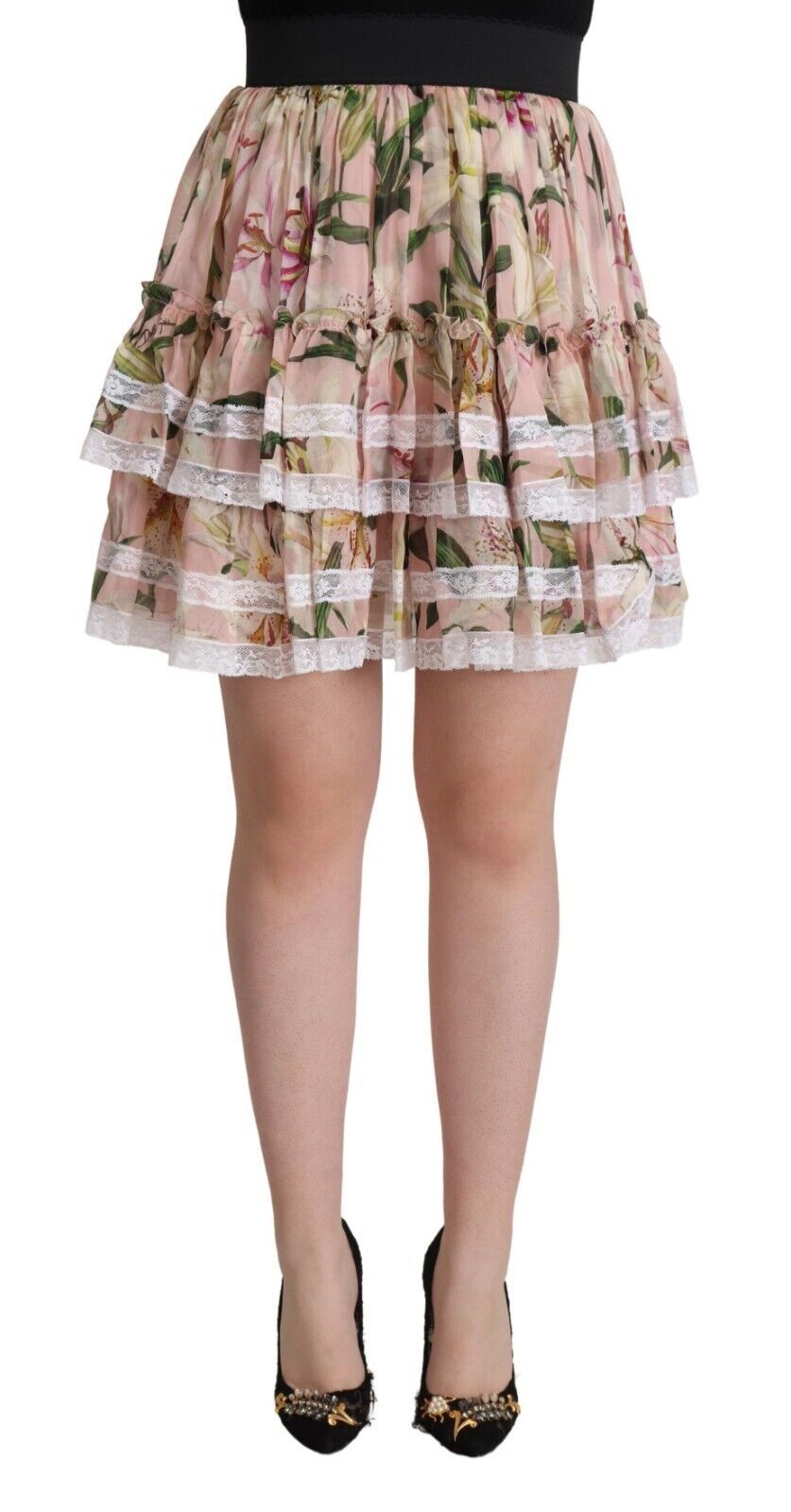 Jupe trapèze courte à volants en soie à imprimé lys rose Dolce & Gabbana