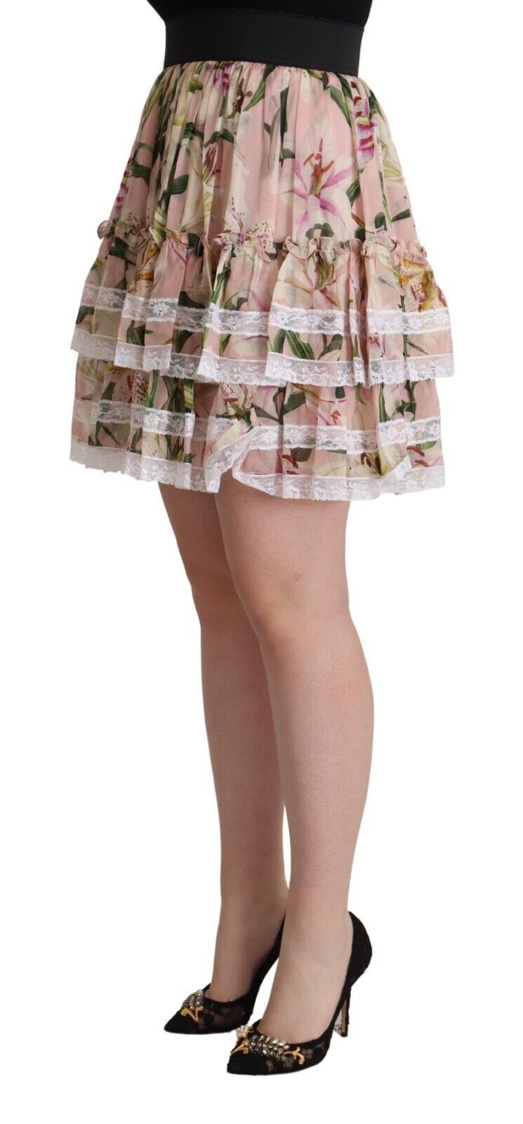Jupe trapèze courte à volants en soie à imprimé lys rose Dolce & Gabbana