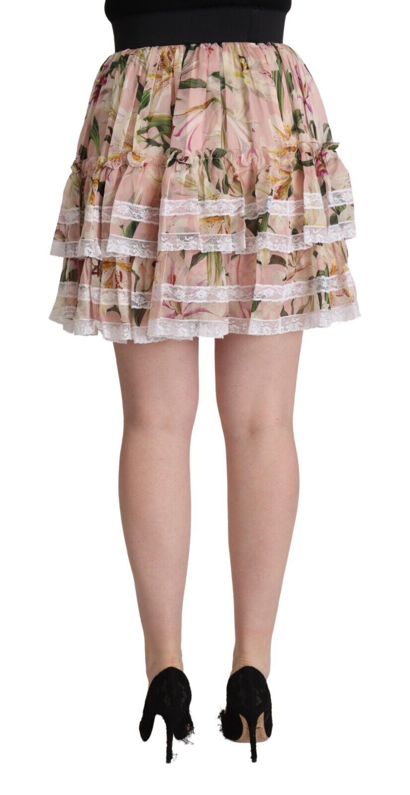 Jupe trapèze courte à volants en soie à imprimé lys rose Dolce & Gabbana