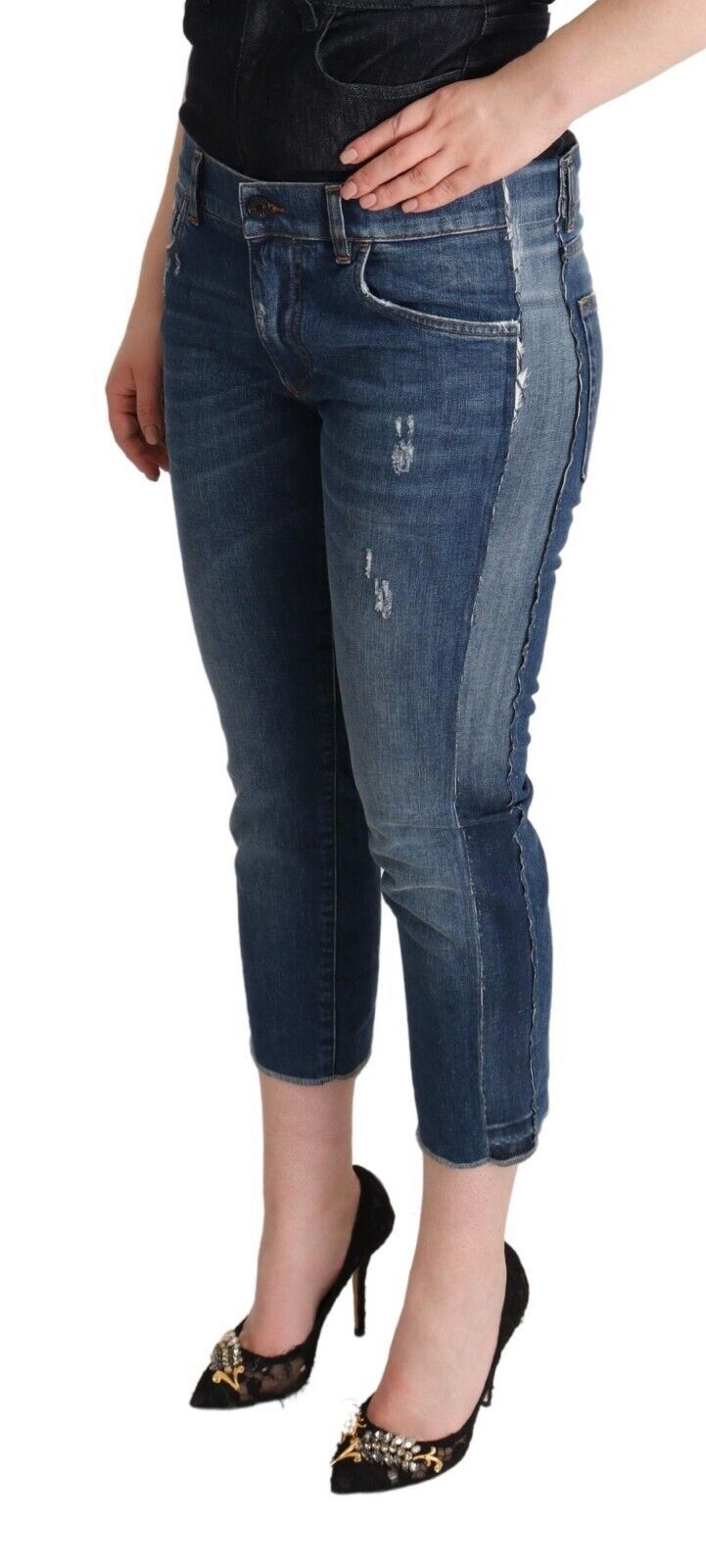 Jean court taille moyenne bleu délavé Dolce & Gabbana avec logo