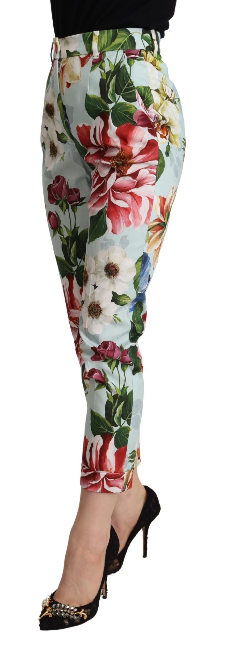 Pantalon fuselé en coton bleu clair à imprimé fleurs Dolce & Gabbana