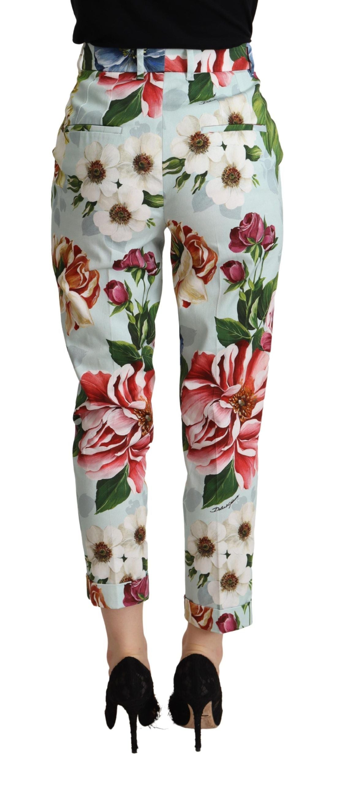 Pantalon fuselé en coton bleu clair à imprimé fleurs Dolce & Gabbana
