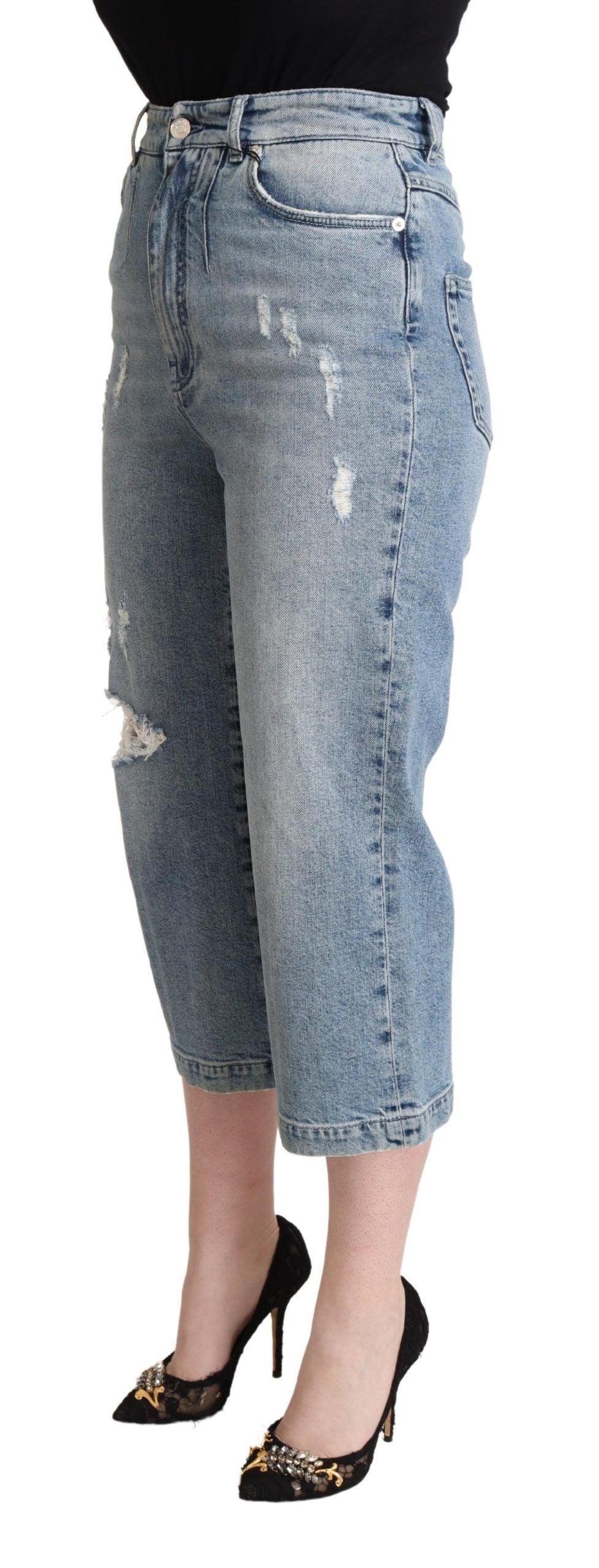 Jean Capri court en denim de coton bleu déchiré Dolce & Gabbana