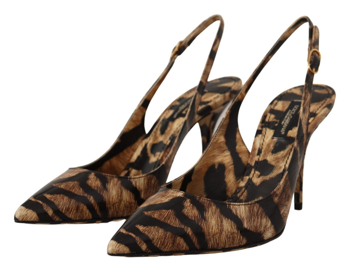 Chaussures à bride arrière en cuir marron Dolce & Gabbana à motif tigre