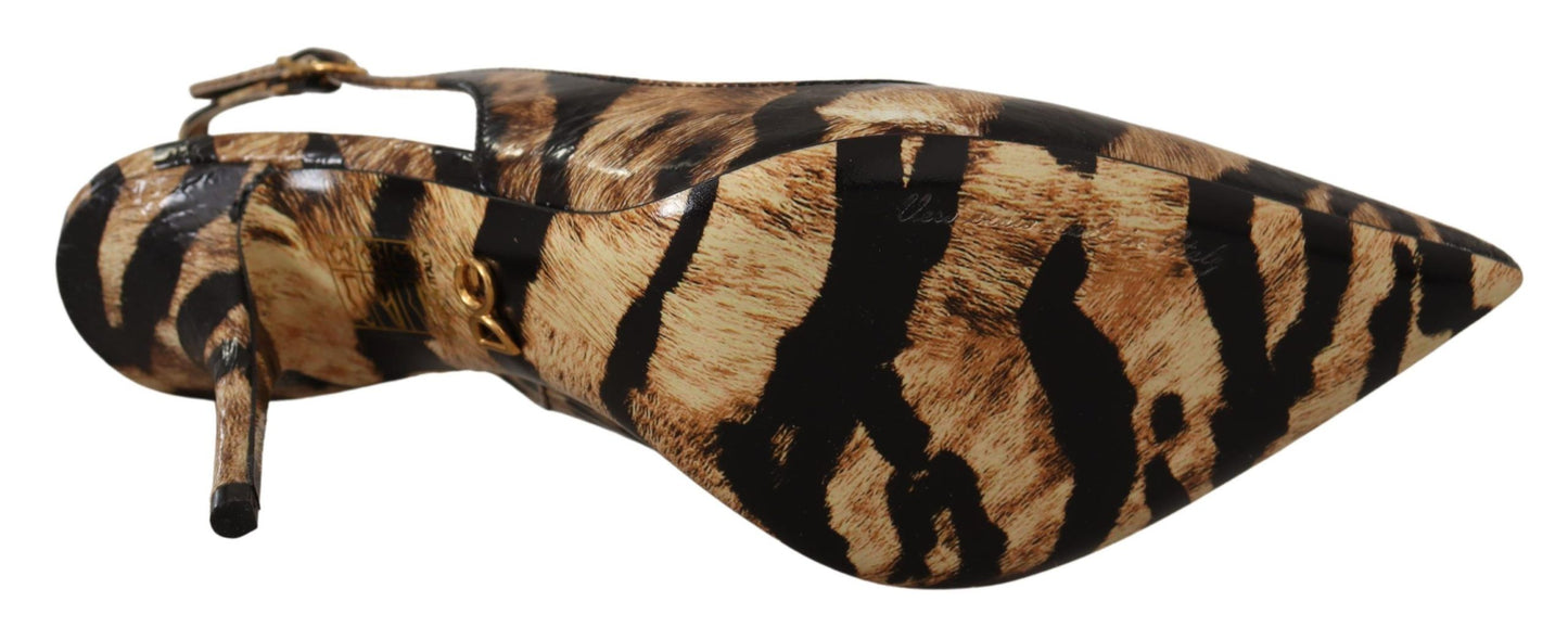 Chaussures à bride arrière en cuir marron Dolce & Gabbana à motif tigre