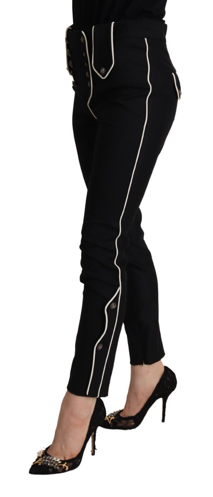 Pantalon slim noir taille moyenne à boutons Dolce & Gabbana