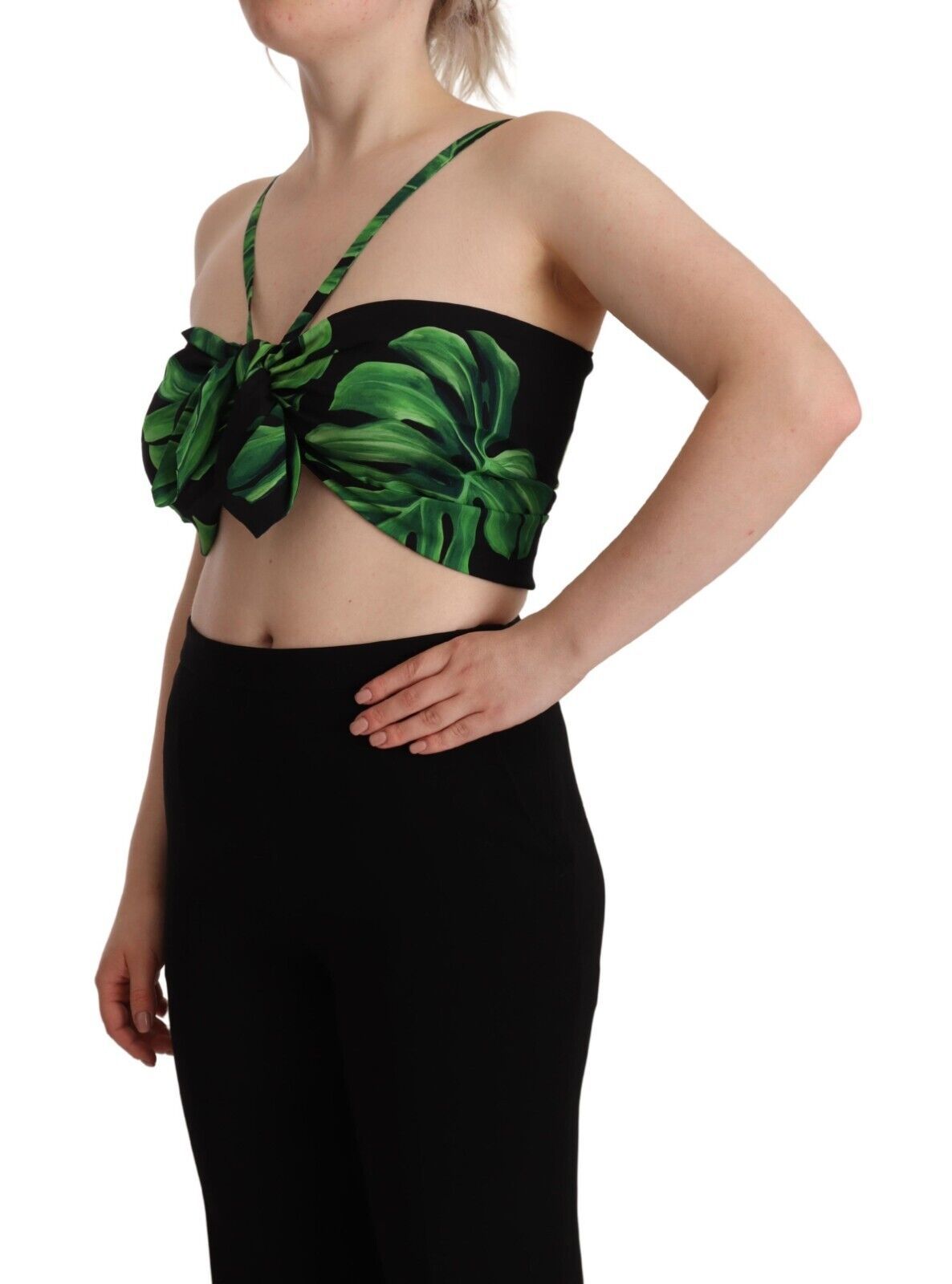Dolce & Gabbana - Haut court dos nu en soie à motif feuilles noires et vertes