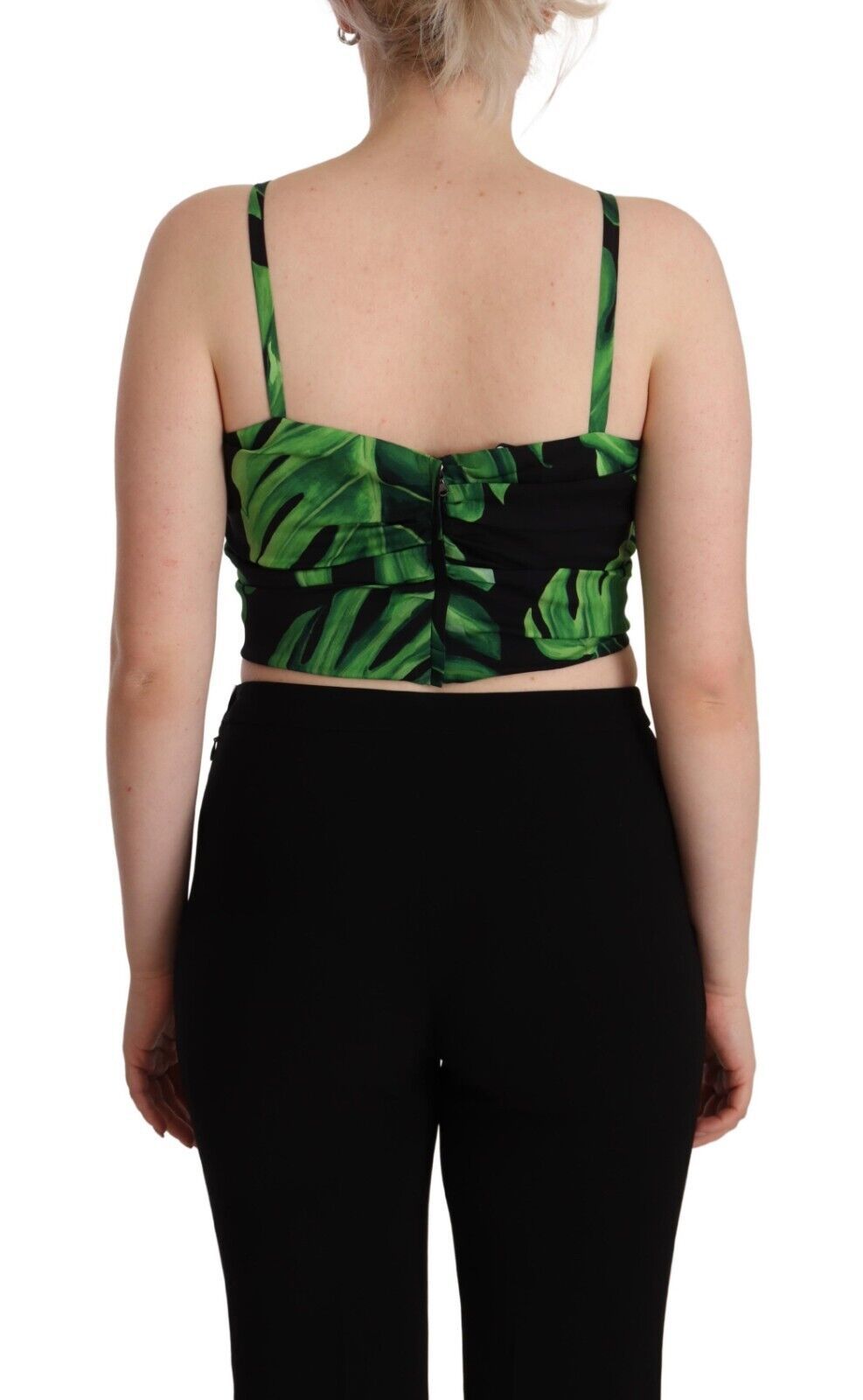 Dolce & Gabbana - Haut court dos nu en soie à motif feuilles noires et vertes