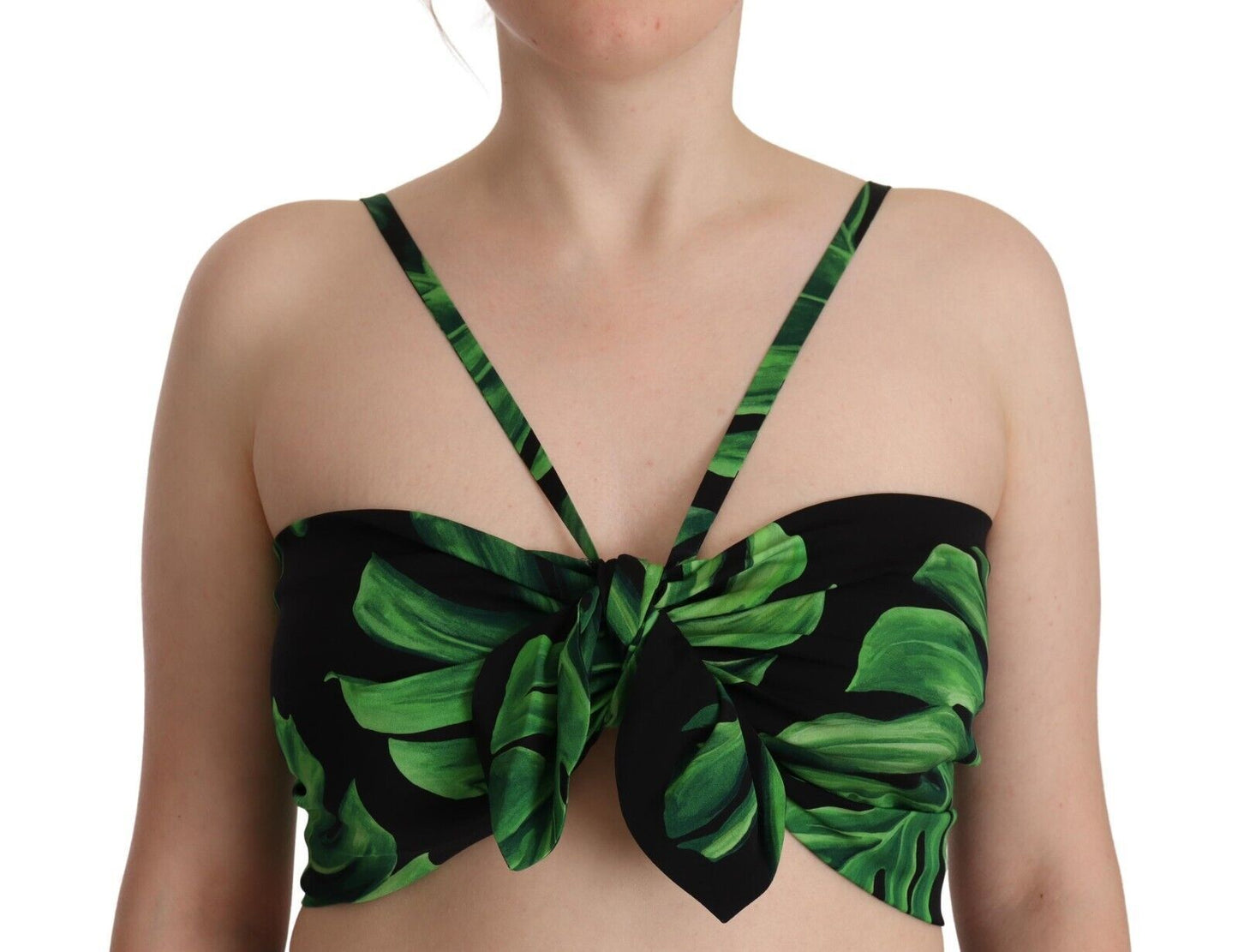 Dolce & Gabbana - Haut court dos nu en soie à motif feuilles noires et vertes