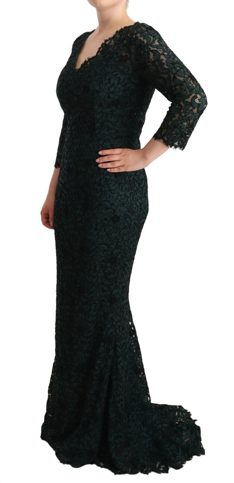 Robe longue en dentelle florale verte Dolce & Gabbana
