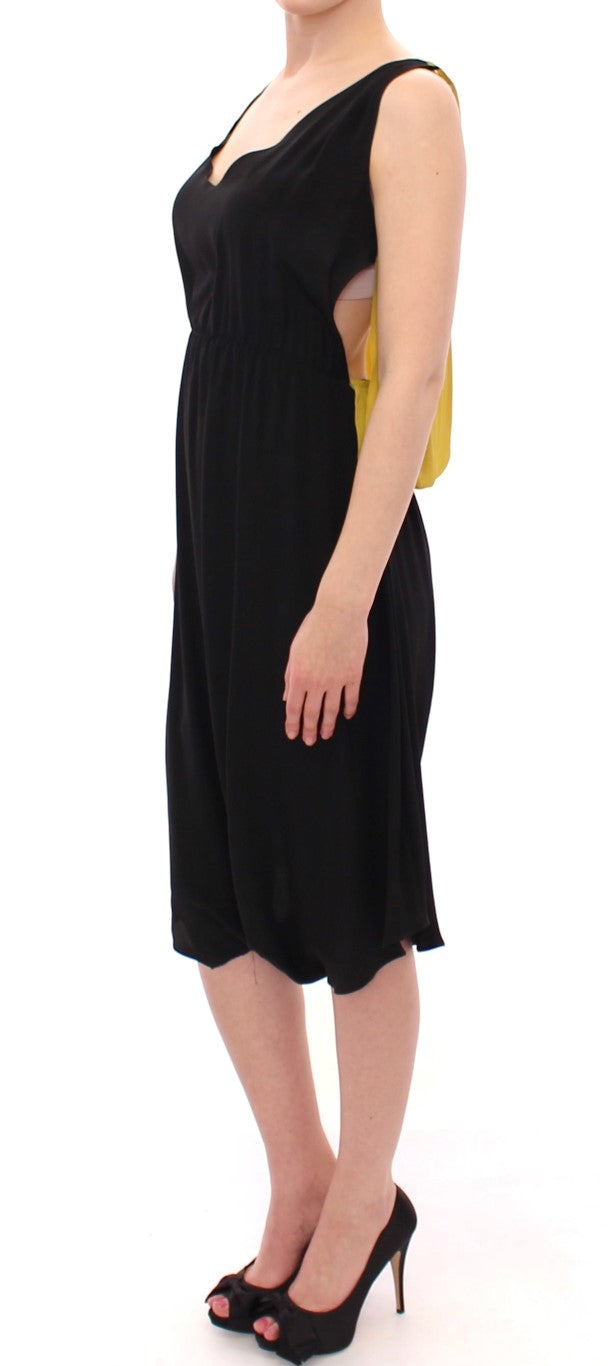 Robe de cocktail fourreau en soie noire et jaune Lamberto Petri