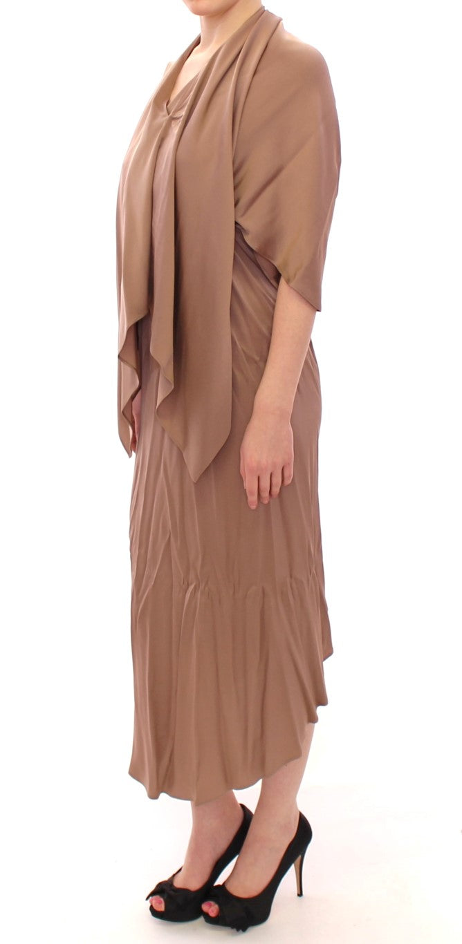 Robe de cocktail fourreau drapée en soie marron Lamberto Petri