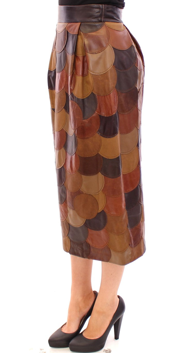 Jupe droite en cuir patchwork marron Dolce & Gabbana