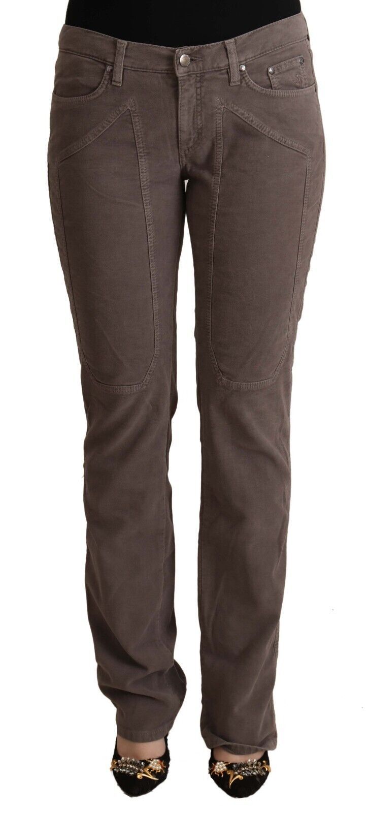 Jean Jeckerson en denim marron taille basse avec patchs emblématiques