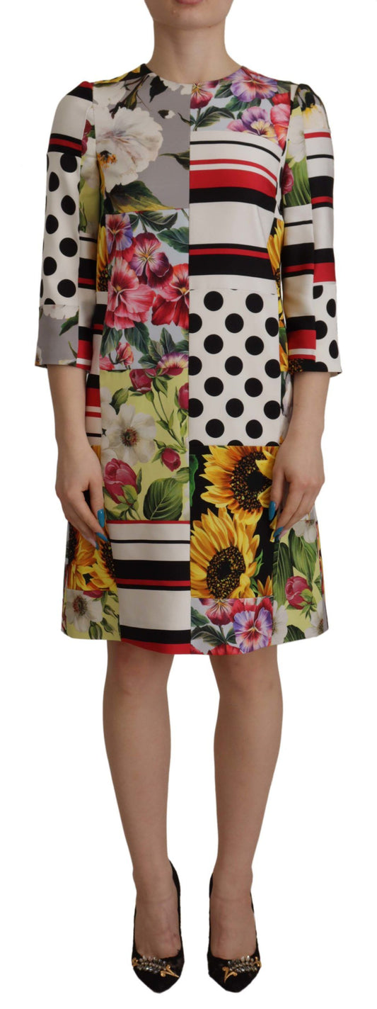 Robe fourreau en patchwork floral multicolore en charmeuse Dolce & Gabbana