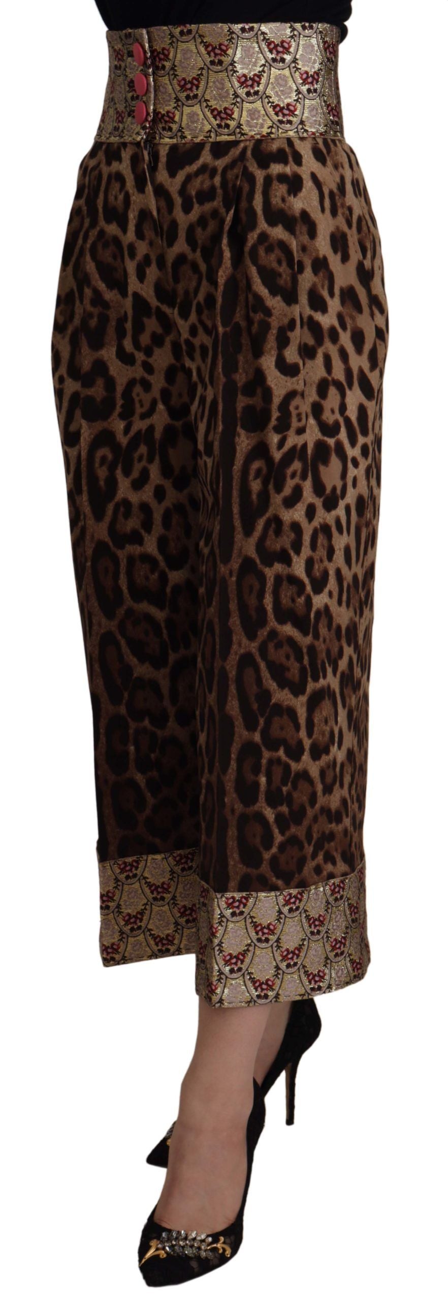 Pantalon taille haute en jacquard doré léopard marron Dolce & Gabbana