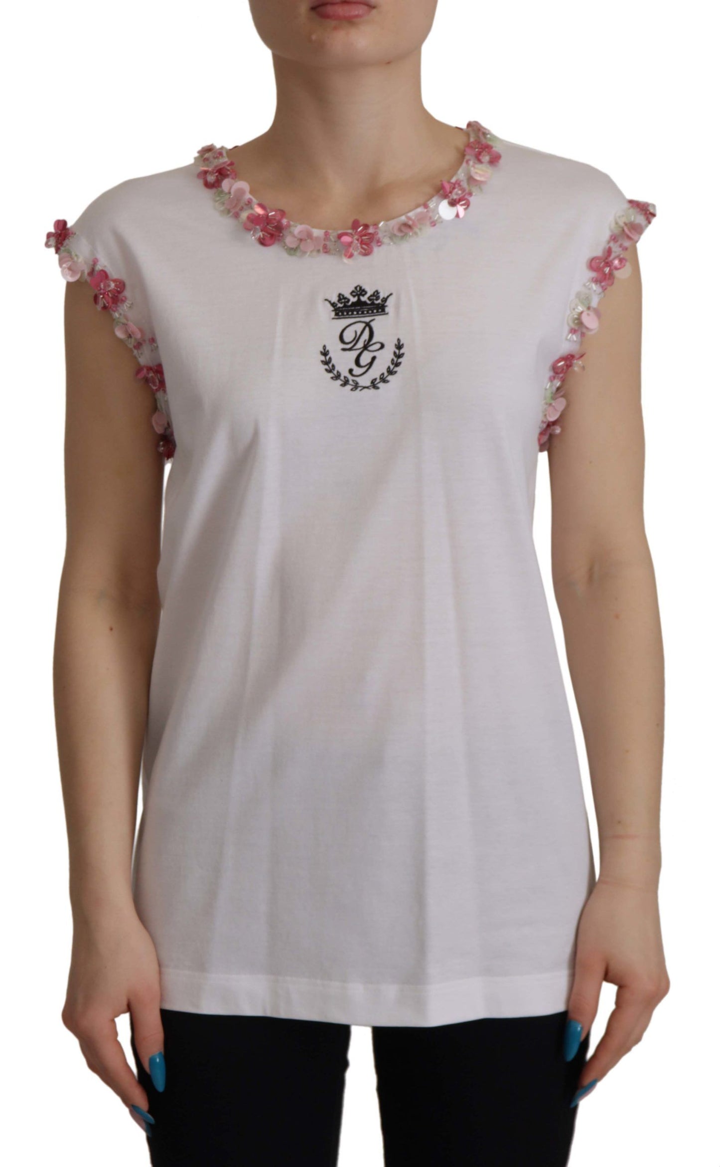T-shirt à sequins floraux Dolce & Gabbana blanc DG Crown