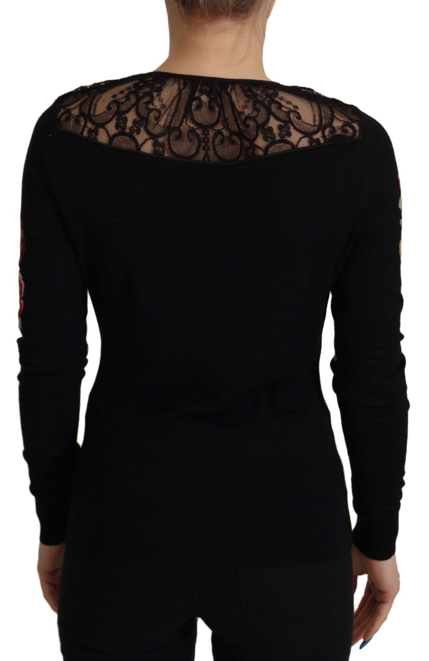 Pull cardigan en dentelle noire Angel Roses de Dolce & Gabbana