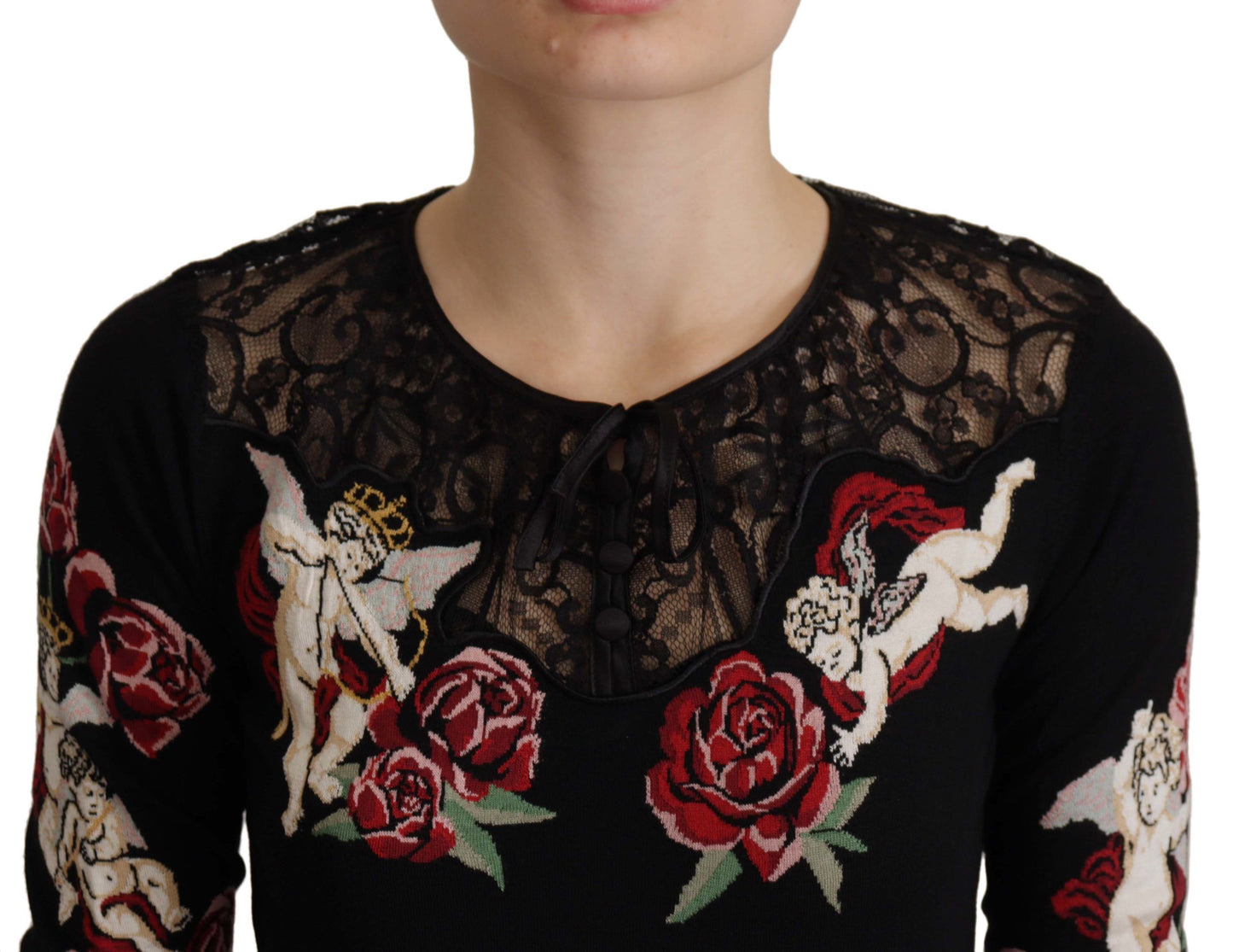 Pull cardigan en dentelle noire Angel Roses de Dolce & Gabbana