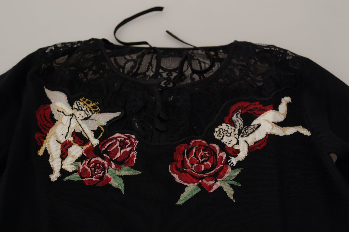 Pull cardigan en dentelle noire Angel Roses de Dolce & Gabbana