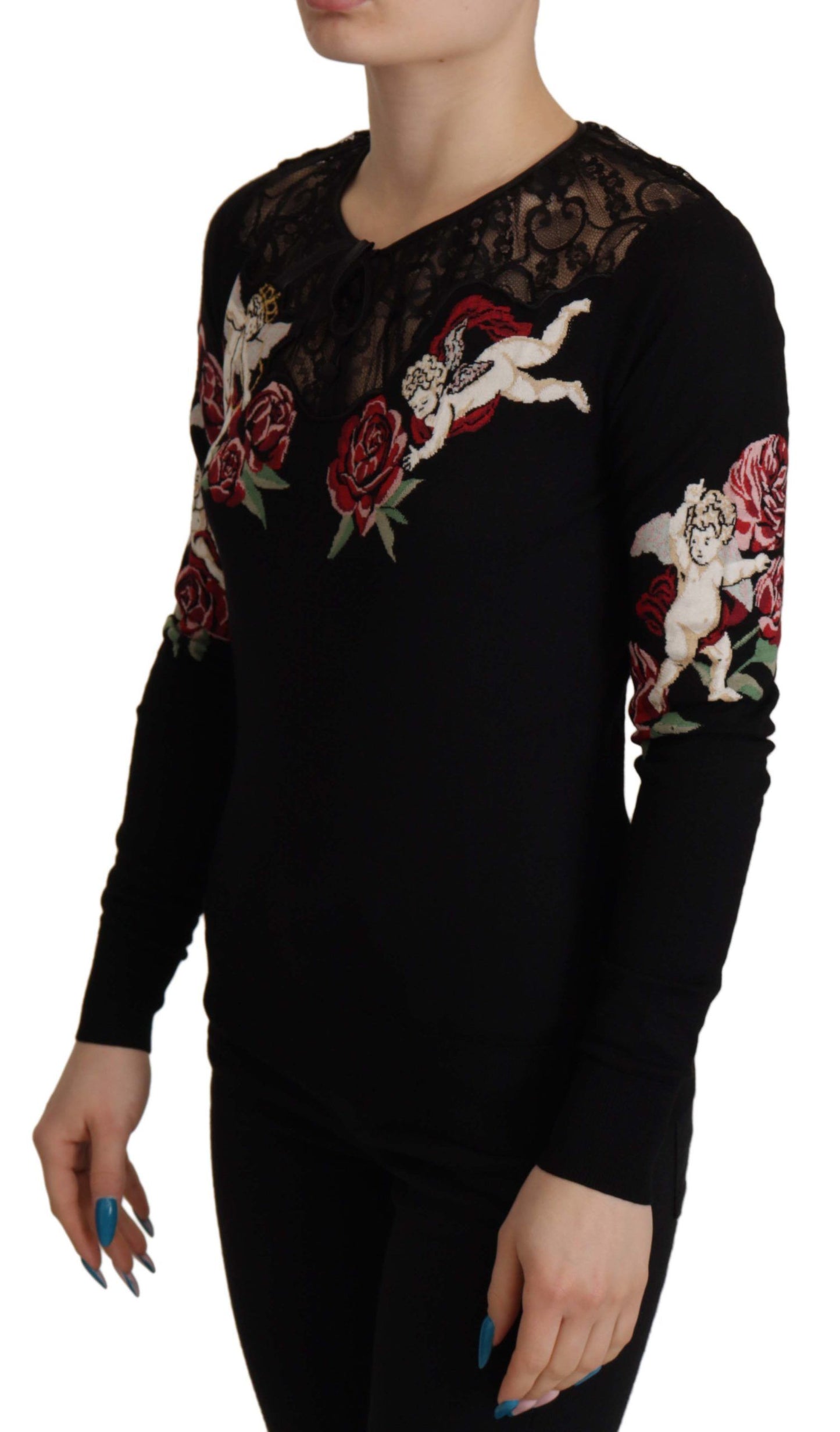 Pull cardigan en dentelle noire Angel Roses de Dolce & Gabbana