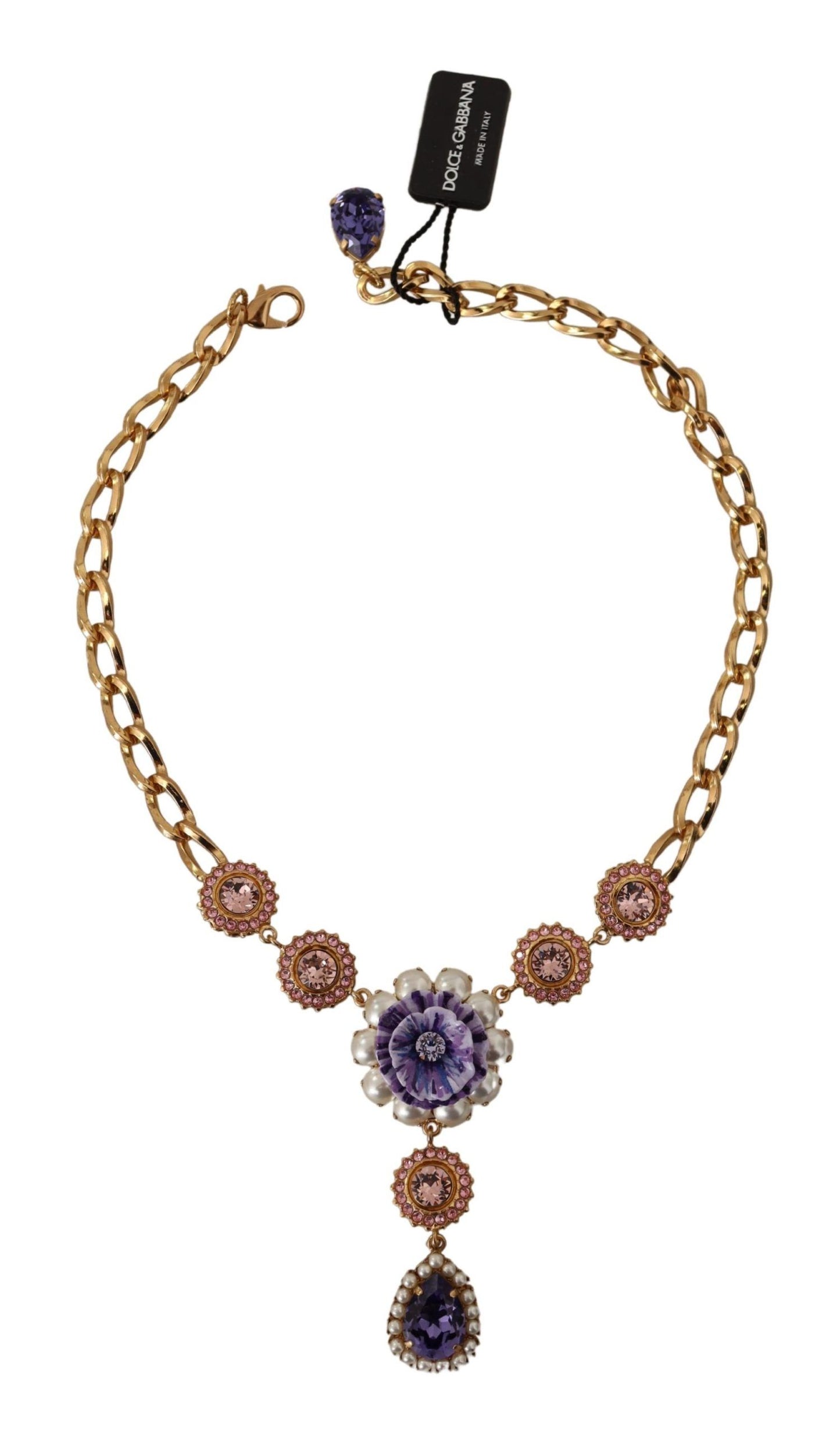 Collier Dolce & Gabbana avec pendentifs en laiton doré et perles violettes et roses
