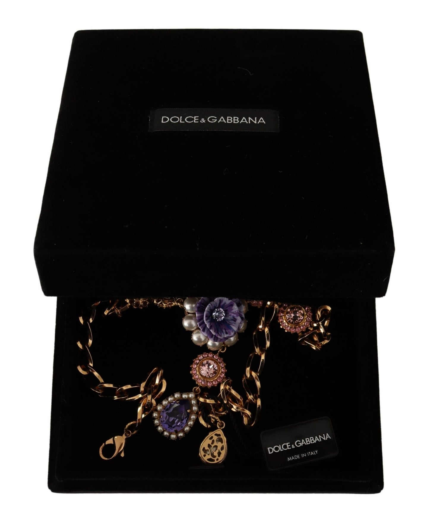 Collier Dolce & Gabbana avec pendentifs en laiton doré et perles violettes et roses