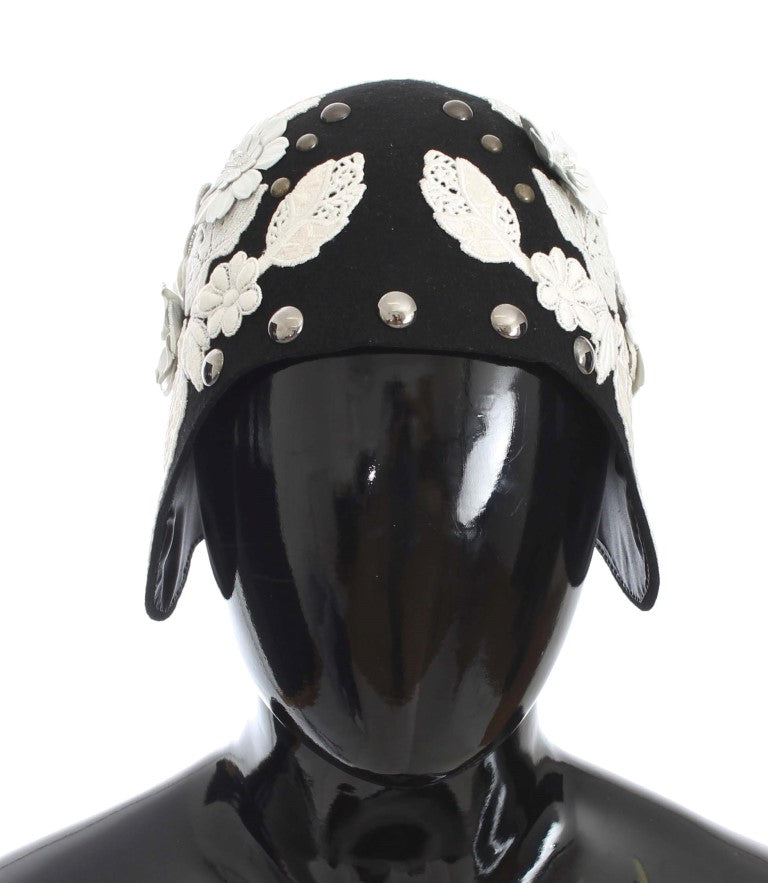 Chapeau Dolce & Gabbana en laine noire à fleurs blanches et feuilles d'or