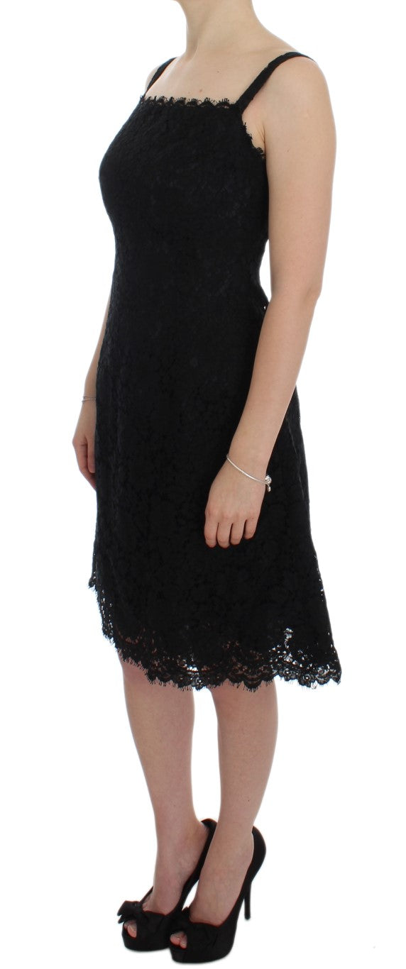 Robe droite en dentelle florale noire Dolce & Gabbana, longueur genou