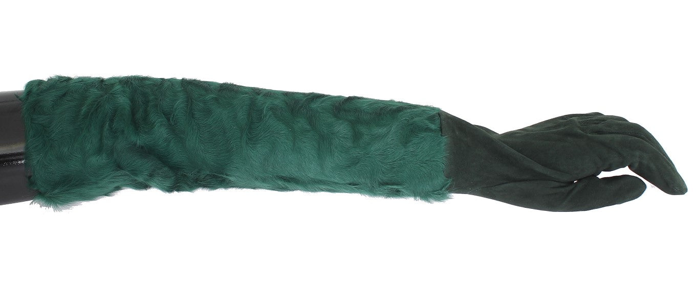 Dolce & Gabbana – Grüne Xiangao-Ellenbogenhandschuhe aus Leder mit Pelz