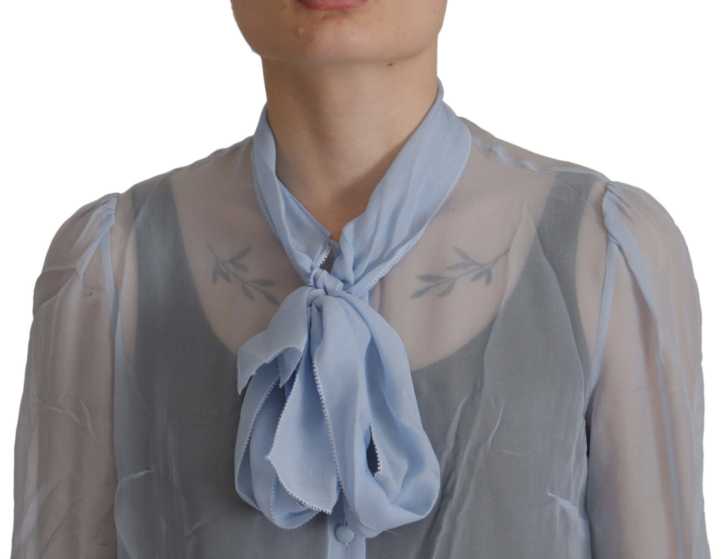 Dolce & Gabbana Haut à manches longues en soie bleu clair avec col Ascot