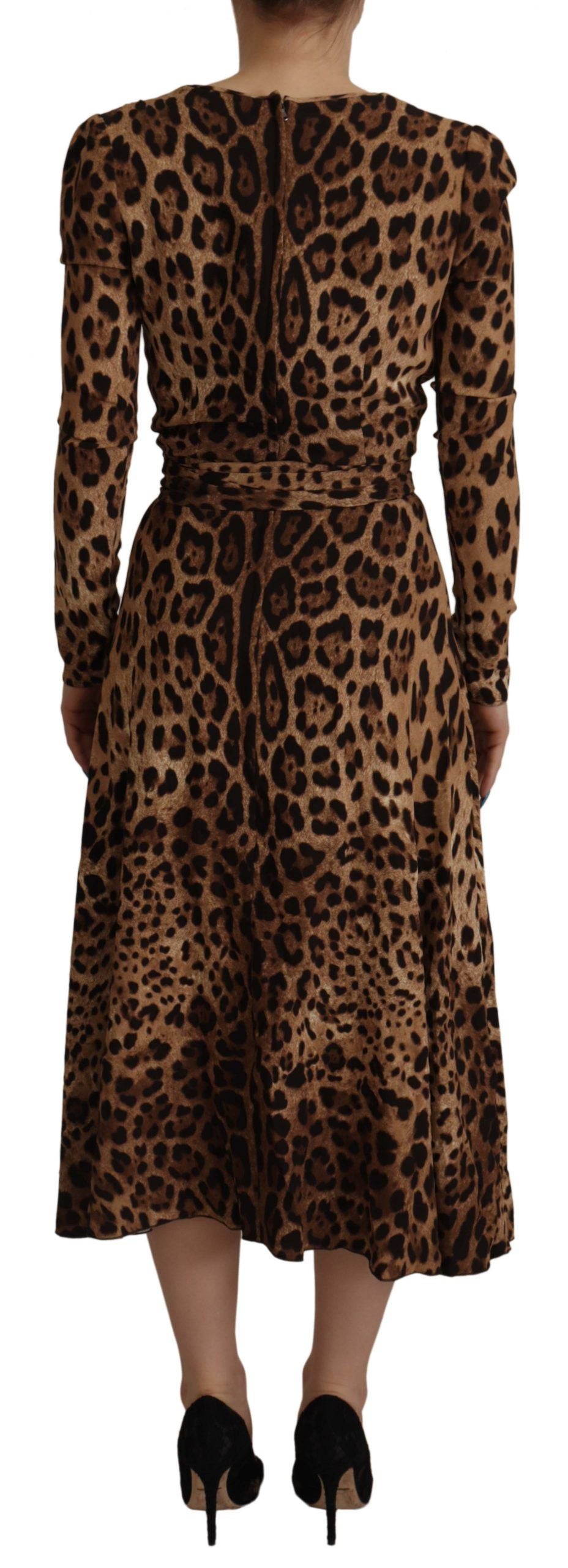 Robe portefeuille trapèze longue en viscose marron à imprimé léopard Dolce & Gabbana