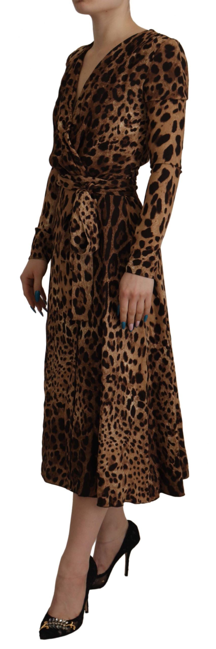 Robe portefeuille trapèze longue en viscose marron à imprimé léopard Dolce & Gabbana