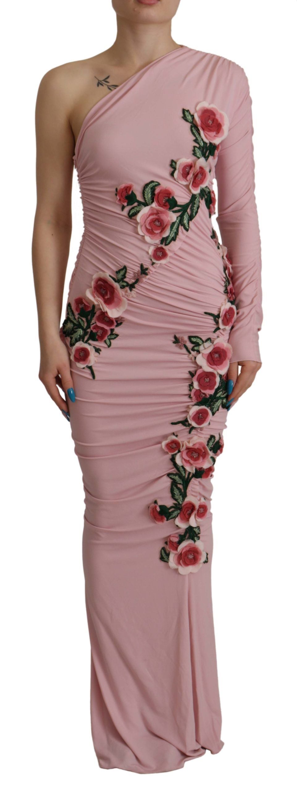 Dolce & Gabbana – One-Shoulder-Kleid mit rosa Blumenverzierung