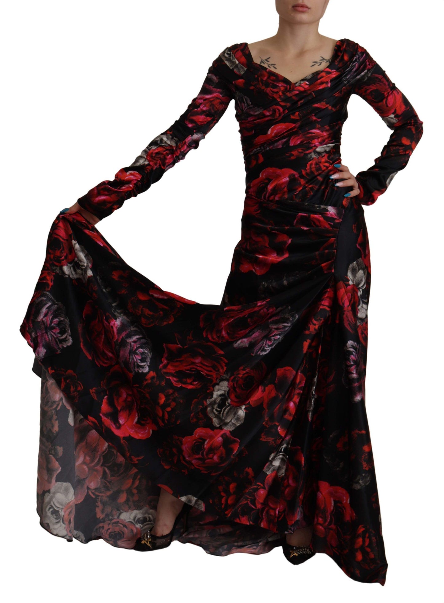 Dolce & Gabbana Schwarzes A-Linien-Etuikleid mit Blumenmuster und Rosen