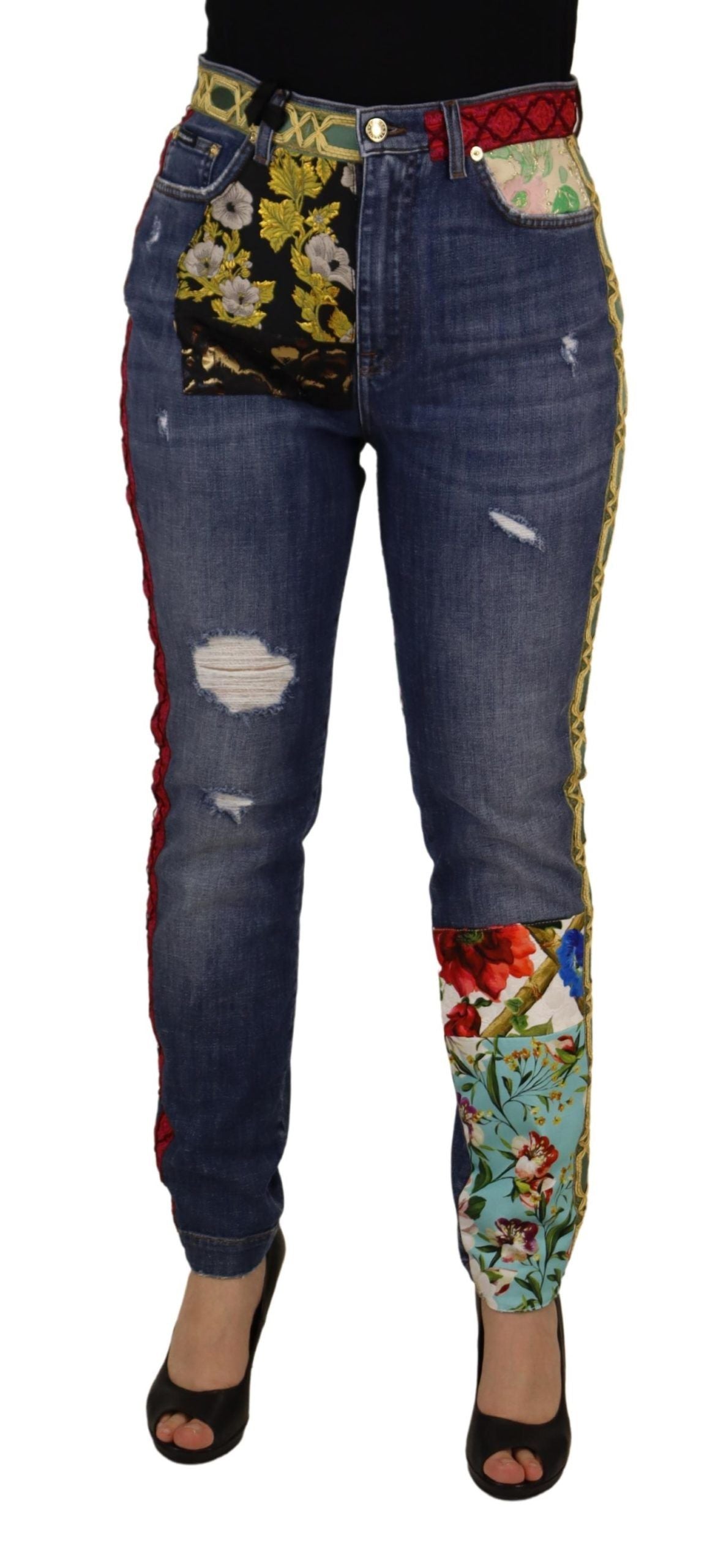 Jean taille haute en denim bleu patchwork Dolce & Gabbana