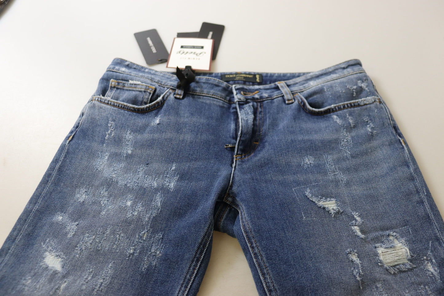 Jean skinny taille basse en coton délavé bleu Dolce & Gabbana