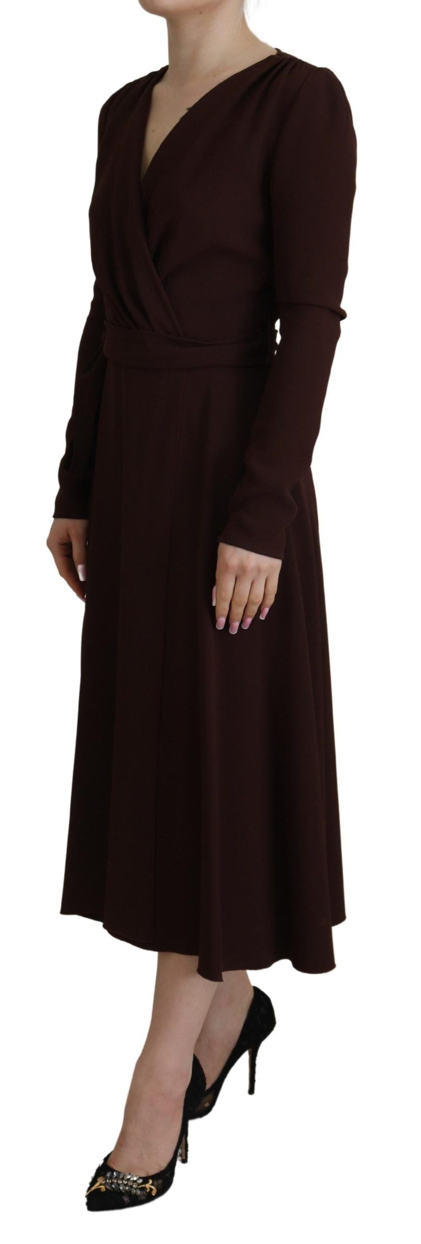 Robe mi-longue extensible marron à manches longues et portefeuille Dolce & Gabbana