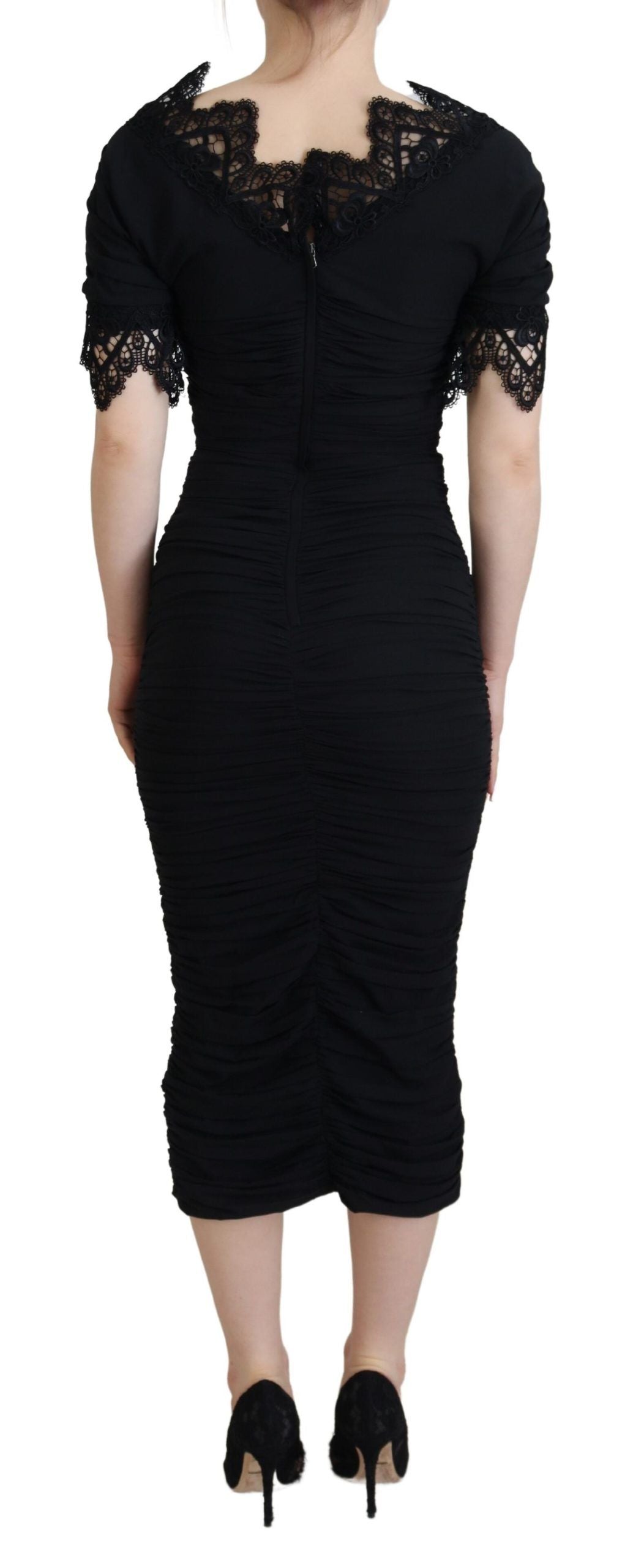 Robe fourreau mi-longue moulante en soie et dentelle noire Dolce & Gabbana
