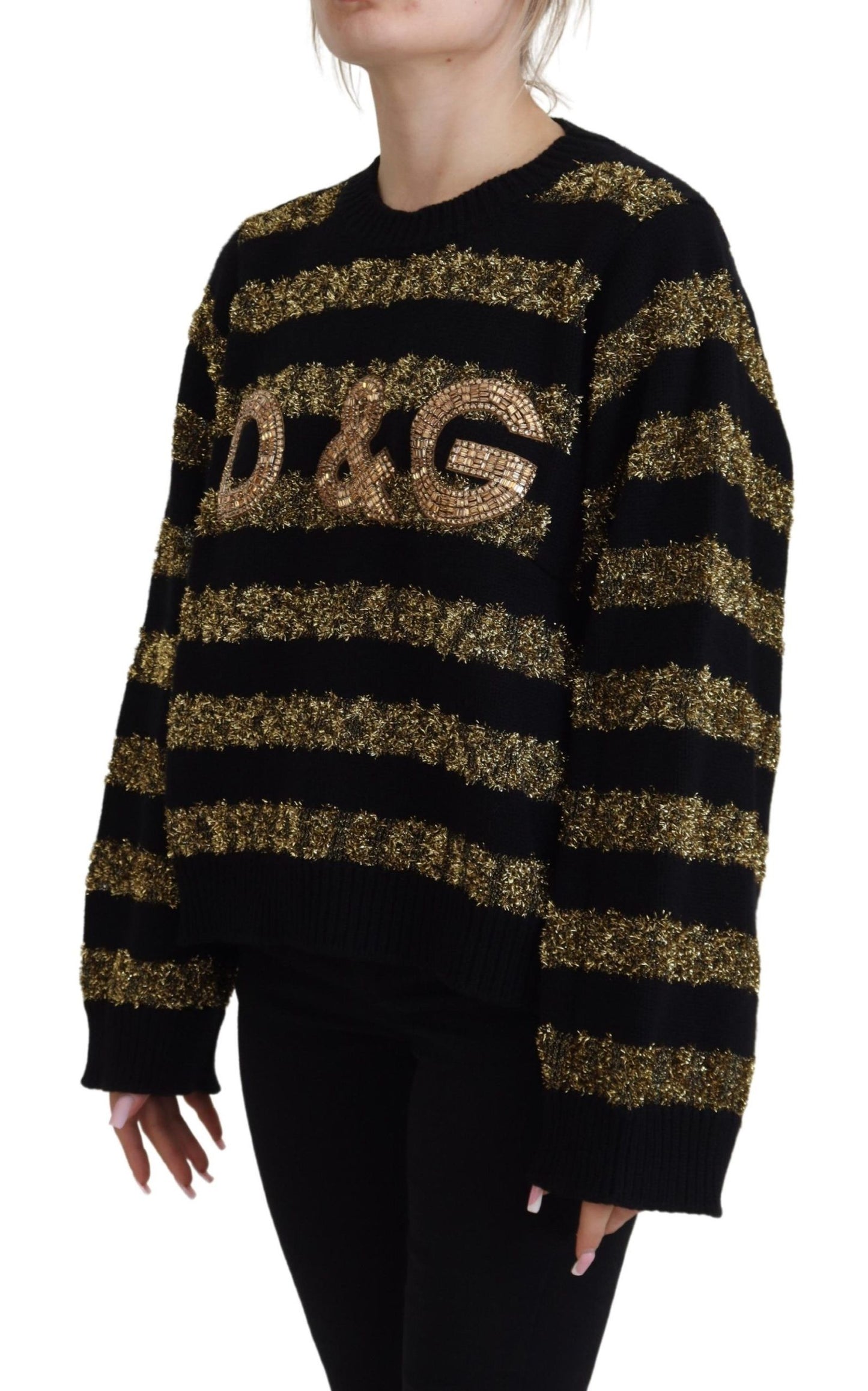 Pull en cachemire Dolce & Gabbana noir et or avec cristaux D&G